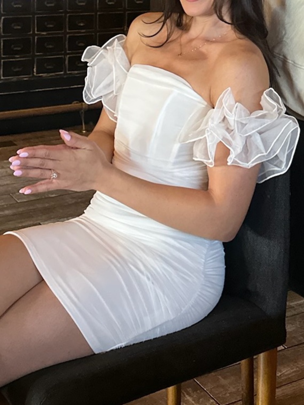Selfie Leslie White Off-Shoulder Mini Dress with Ruffled Organza Sleeves